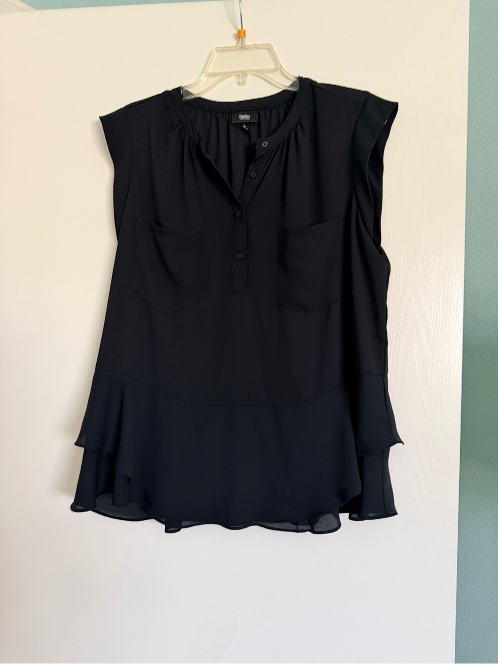 Mossimo Black Button Front Blouse Top Tiered Ruffle Hem Pockets L
